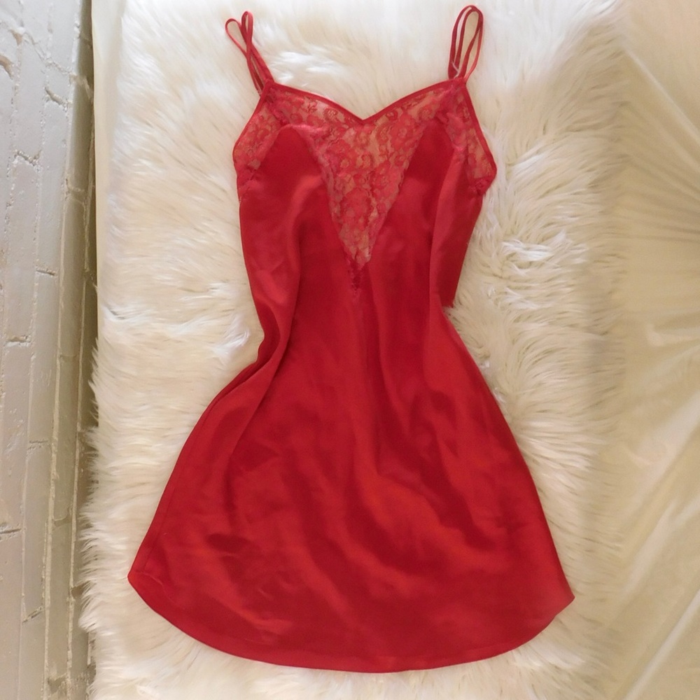 Vintage Gold Label Victoria’s Secret Satin and Lace Red Chemise Size Small